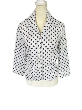 Talbots Petites women's linen blazer black and white polka dot 3/4 sleeve 4P